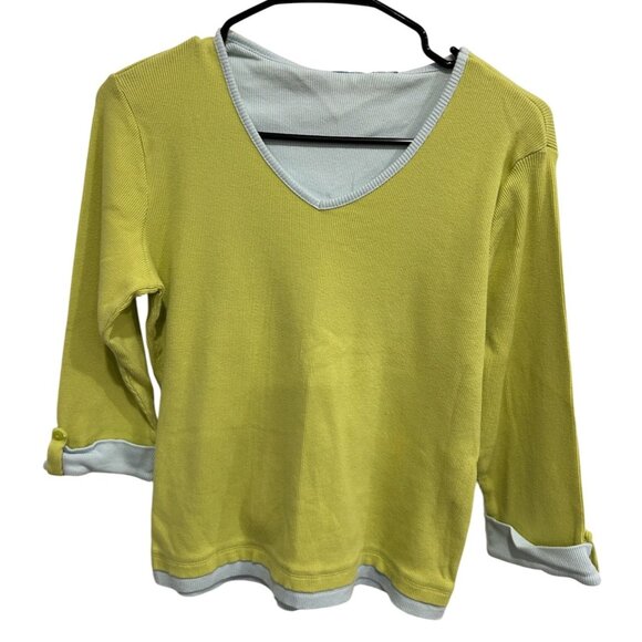 Yellow Green Light Blue V Neck Ribbed Long Sleeve Shirt Button Cuff Detail - Picture 1 of 9
